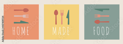 Homemade cooking healthy tasty food postel pastel colors with cutlery: spoon, fork, knife and place for text, copy paste. Home cooking  catering, restaurant, cafe symbol concept, vector illustration 