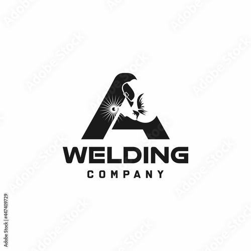Letter A welding logo, welder silhouette working with weld helmet in simple and modern design style art