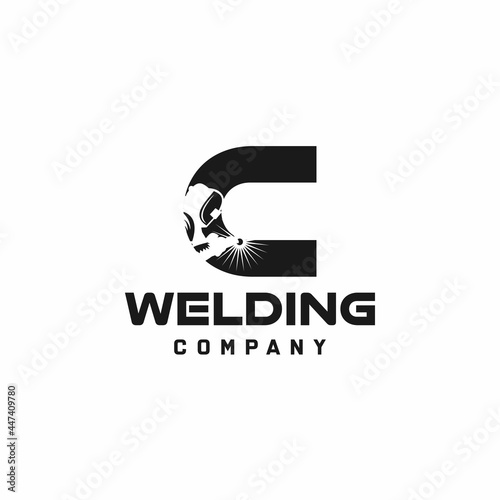 Letter C welding logo, welder silhouette working with weld helmet in simple and modern design style art