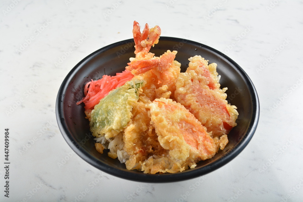 japanese deep fried tempura prawn and vegetables rice bowl in black bowl in white marble healthy poke bowl menu japanese deep fried tempura prawn and vegetables rice bowl in black bowl in white marble healthy poke bowl menu