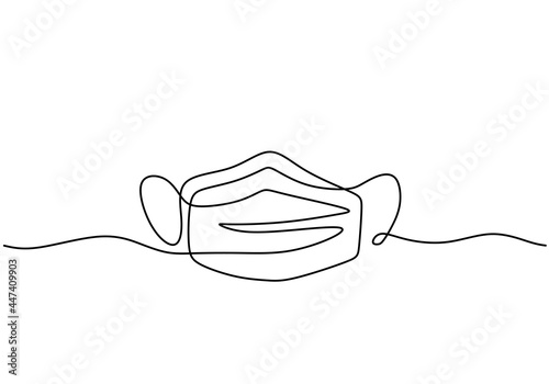 Continuous one line drawing of face mask isolated on white background. Safety breathing N95 or covid-19 and corona virus masks. Protection from coronavirus, COVID-19 concept. Vector illustration
