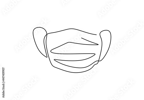 Continuous one line drawing of face mask isolated on white background. Safety breathing N95 or covid-19 and corona virus masks. Protection from coronavirus, COVID-19 concept. Vector illustration