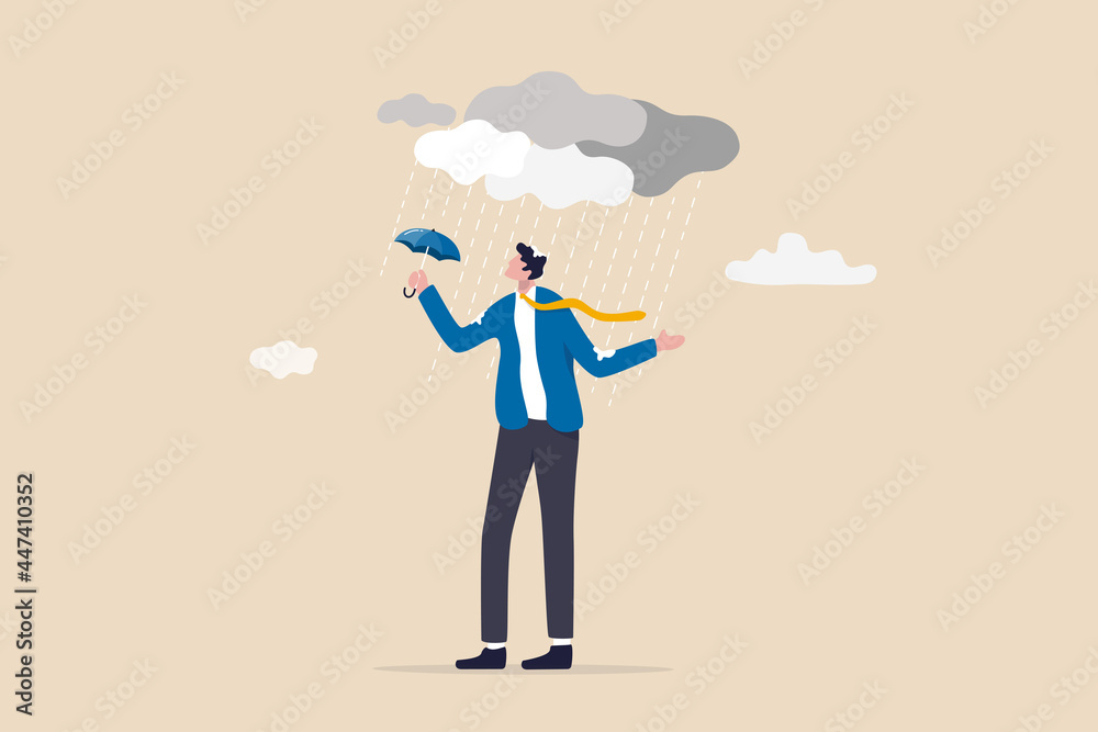 Wrong decision or business mistake causing failure, risk management or unlucky problem and trouble concept, soaked misfortune businessman with too small umbrella protection in strong raining storm. Wrong decision or business mistake causing failure, risk management or unlucky problem and trouble concept, soaked misfortune businessman with too small umbrella protection in strong raining storm.