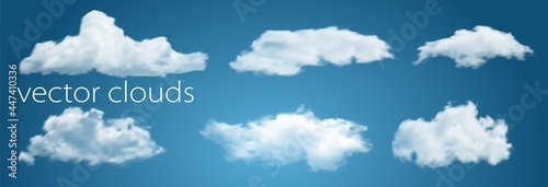 White clouds isolated on transparent blue background vector illustration for you design. Weather with sky bright and cloudscape