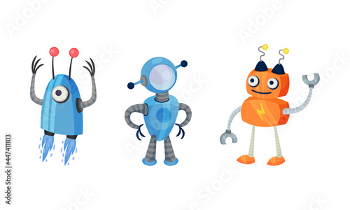 Cute Little Robot with Metal Parts Vector Set