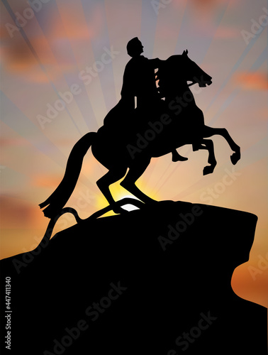Bronze Horseman sculpture silhouette on sunset background