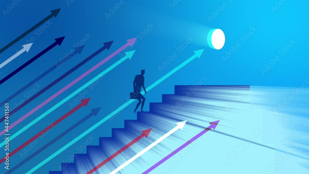 Businessman with suitcase climbing the stairs of success following the arrow. Concept for successful business Growth, professional growth, achievements. Walk Up The Stairs, Career ladder, HD 4K