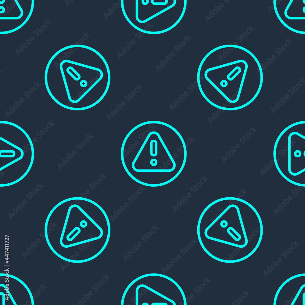 Green line Exclamation mark in triangle icon isolated seamless pattern on blue background. Hazard warning sign, careful, attention, danger warning important. Vector