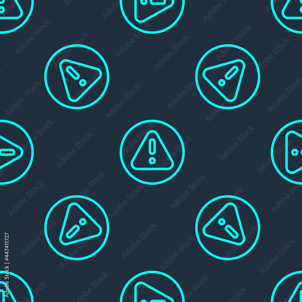 Green line Exclamation mark in triangle icon isolated seamless pattern on blue background. Hazard warning sign, careful, attention, danger warning important. Vector Green line Exclamation mark in triangle icon isolated seamless pattern on blue background. Hazard warning sign, careful, attention, danger warning important. Vector