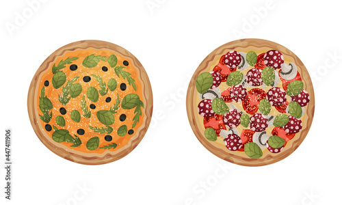 Traditional Italian Pizza of Round Shape with Salami and Tomato Above View Vector Set