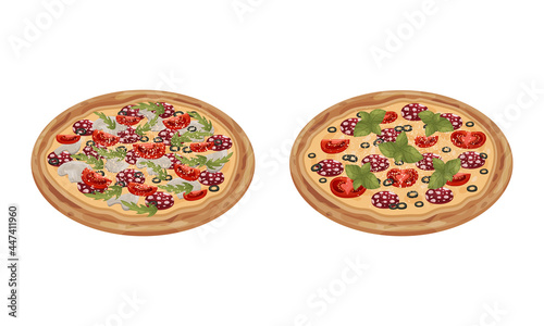 Traditional Italian Pizza of Round Shape with Salami and Tomato Vector Set