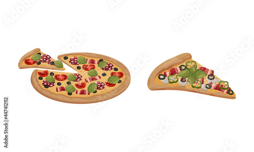 Traditional Italian Pizza of Round Shape with Salami and Tomato Vector Set