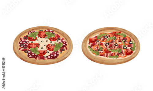 Traditional Italian Pizza of Round Shape with Salami and Tomato Vector Set