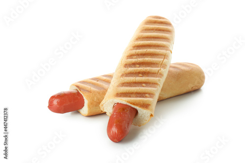 Tasty french hot dogs isolated on white background