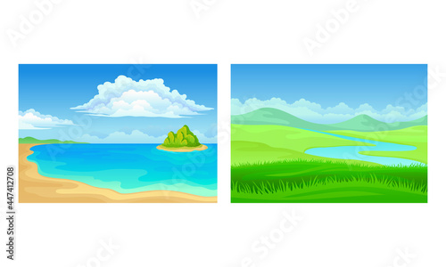Landscape Panorama View with Sea Shore and Green Hills Vector Set