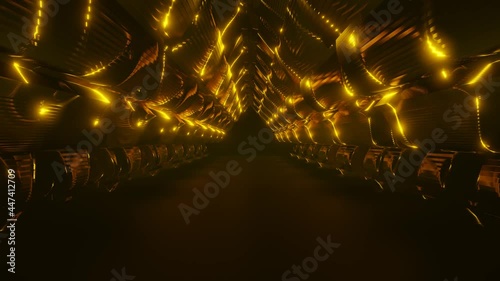 Golden pattern frame is flying through the darkness corridor.,4К Background Animation of seamless loops