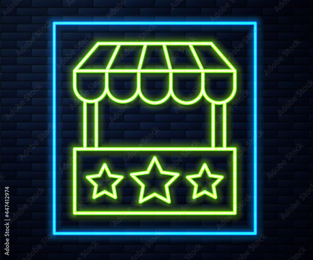 Glowing neon line Ticket box office icon isolated on brick wall background. Ticket booth for the sale of tickets for attractions and sports. Vector