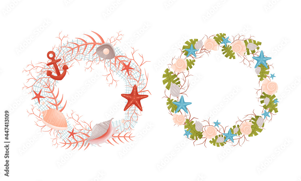 Decorative Sea Wreath Arranged of Shells and Conch from Ocean Bottom Vector Set