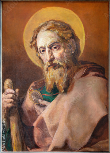 VIENNA, AUSTIRA - JULI 5, 2021: The painting of St. Jude Thaddeus of baroque st. Peter church or Peterskirche by unknown artist of 20. cent.