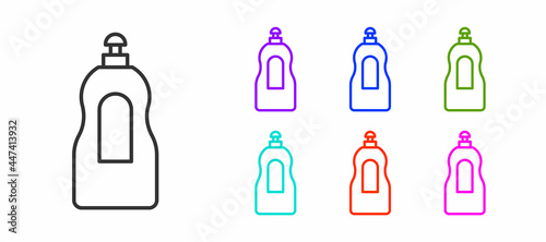 Black line Dishwashing liquid bottle icon isolated on white background. Liquid detergent for washing dishes. Set icons colorful. Vector