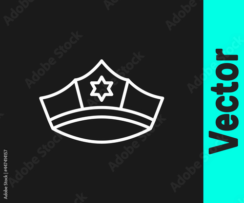 White line Police cap with cockade icon isolated on black background. Police hat sign. Vector