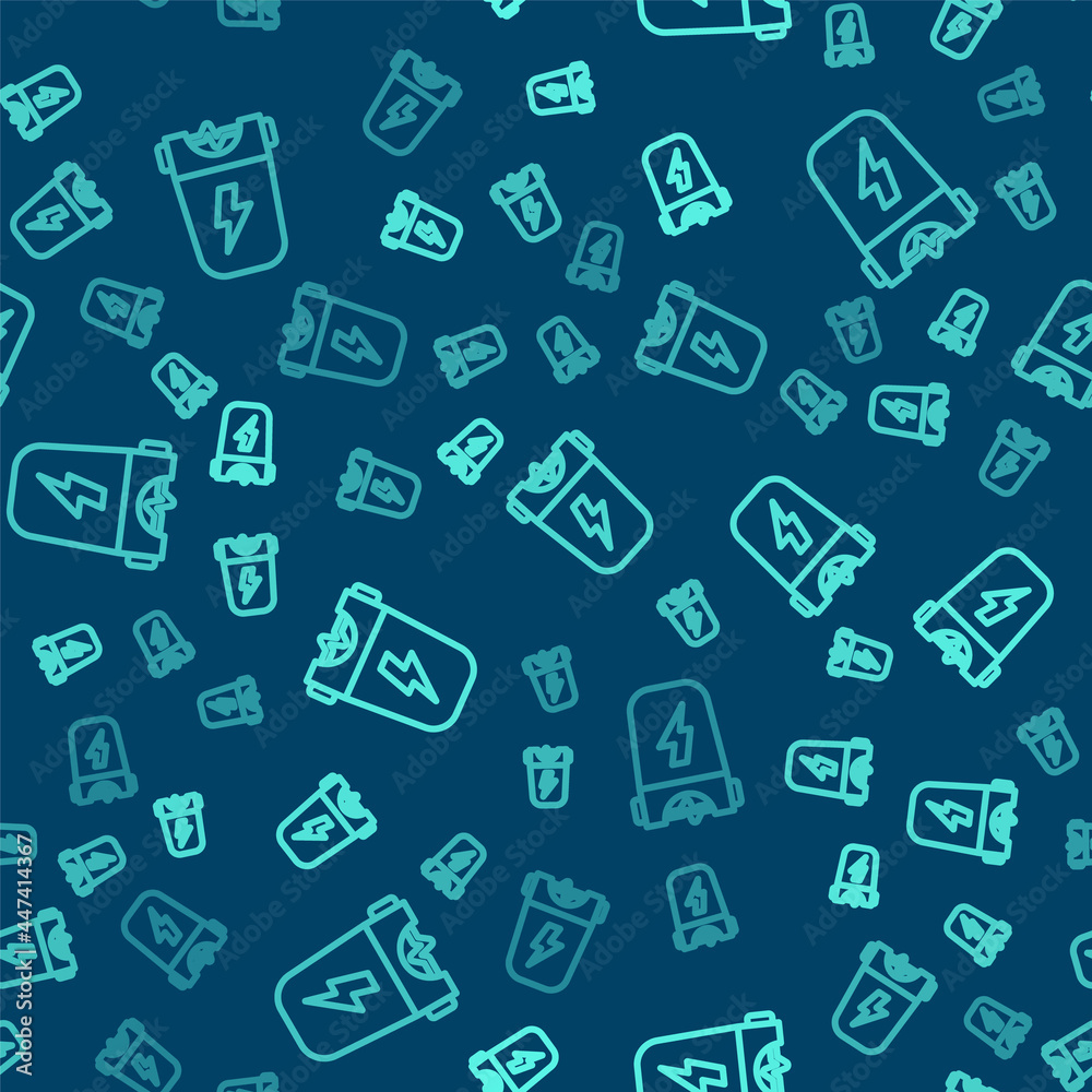 Green line Police electric shocker icon isolated seamless pattern on blue background. Shocker for protection. Taser is an electric weapon. Vector Green line Police electric shocker icon isolated seamless pattern on blue background. Shocker for protection. Taser is an electric weapon. Vector