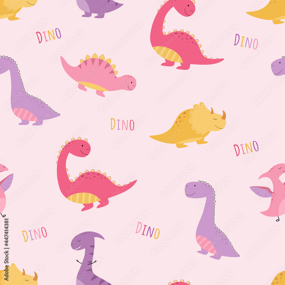 Seamless pattern. Hand drawn cute dinosaurs. Pink, yellow, purple Dino.  Suitable for wallpaper, textiles, fabric, wrapping paper. Vector  illustration for children. Stock Vector | Adobe Stock