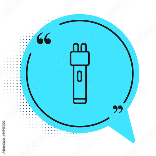 Black line Police electric shocker icon isolated on white background. Shocker for protection. Taser is an electric weapon. Blue speech bubble symbol. Vector