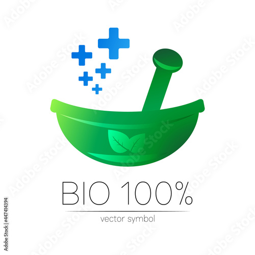 Green herbal bowl vector logotype. Concept symbol with few blue cross for medical, clinic, pharmacy business or shop. Nature design with leaf element. Creative ECO label or logo. Traditional therapy.