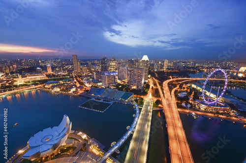 Panorama of Singapore cityscape. beautiful business modern building skyscraper around Marina bay at night