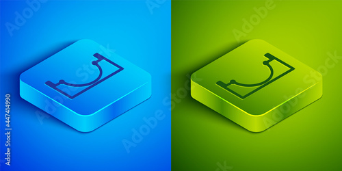 Isometric line Skate park icon isolated on blue and green background. Set of ramp, roller, stairs for a skatepark. Extreme sport. Square button. Vector