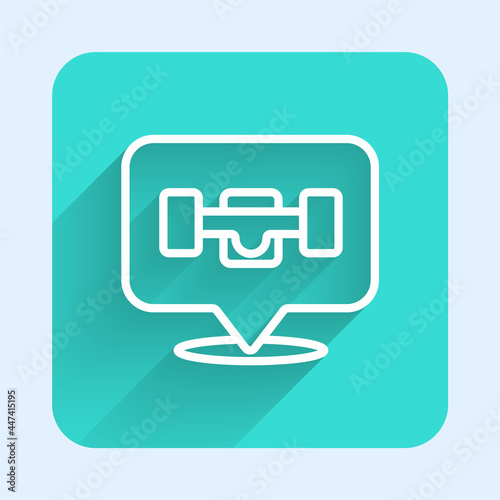 White line Skateboard wheel icon isolated with long shadow background. Skateboard suspension. Skate wheel. Green square button. Vector