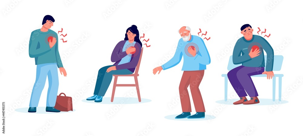 Set of men and woman with heart attack, pain touching chest. Heart treatment, health care and disease diagnostic concept. Vector flat illustration. Design for banner, landing page, web background Set of men and woman with heart attack, pain touching chest. Heart treatment, health care and disease diagnostic concept. Vector flat illustration. Design for banner, landing page, web background