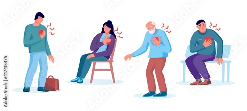 Set of men and woman with heart attack, pain touching chest. Heart treatment, health care and disease diagnostic concept. Vector flat illustration. Design for banner, landing page, web background