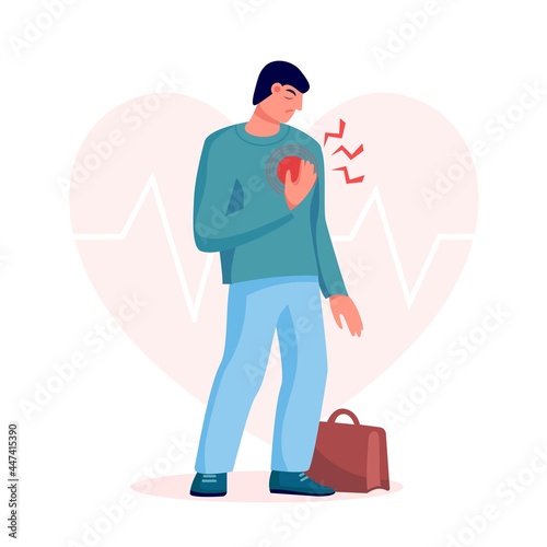 Business man with heart attack, pain touching chest. Heart treatment, health care and disease diagnostic concept. Vector flat illustration. Design for banner, landing page, web background