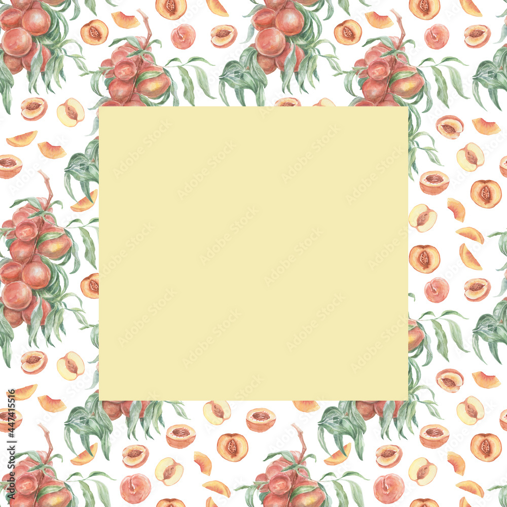peaches fruits watercolor hand drawn patern seamless print textile. Juice jam natural products fanaticism nature plants garden harvest leaves branches peaches fruits watercolor hand drawn patern seamless print textile. Juice jam natural products fanaticism nature plants garden harvest leaves branches