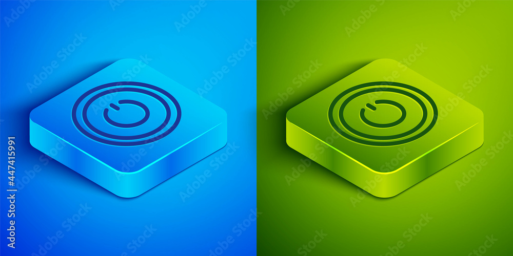 Isometric line Power button icon isolated on blue and green background. Start sign. Square button. Vector Isometric line Power button icon isolated on blue and green background. Start sign. Square button. Vector