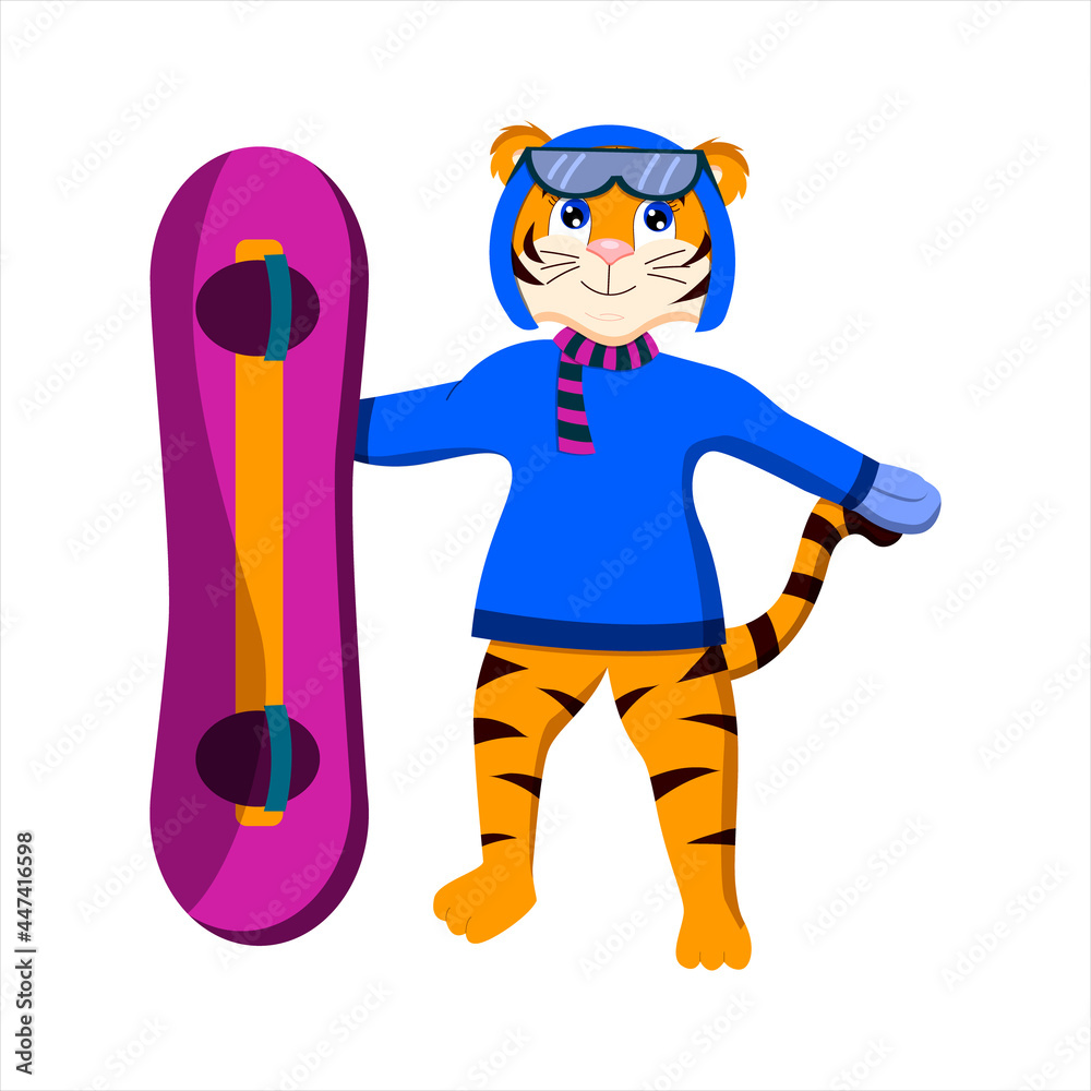 cartoon tiger stands with a snowboard, symbol of the year, vector isolated on a white background cartoon tiger stands with a snowboard, symbol of the year, vector isolated on a white background