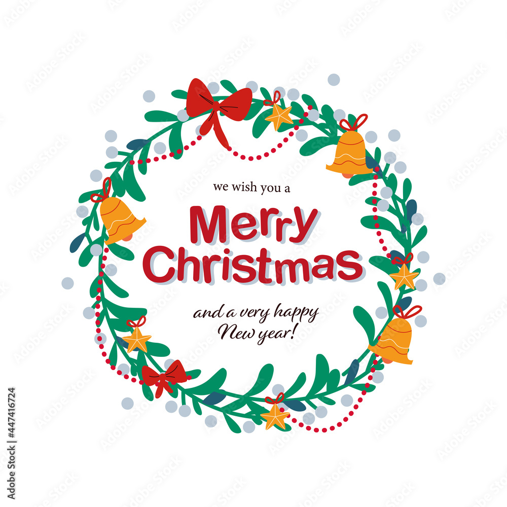 Merry Christmas and Happy New year congratulation inside mistletoe wreath design decorated with star toys, bows, bells, garlands. For cards, invitations, packaging, banners. Vector flat illustration.