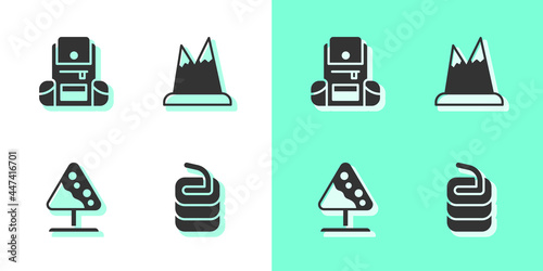 Set Stone for curling, Hiking backpack, Road sign avalanches and Mountains icon. Vector