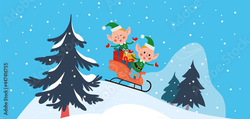 Winter holiday illustration with cute Santa elves characters sledding at snowy mountain landscape. Vector cartoon flat concept. For card, package, banner, invitation.