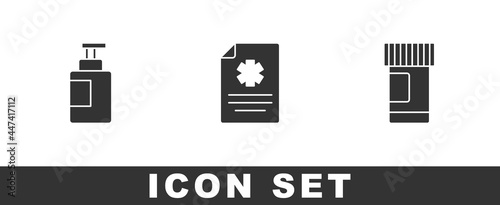 Set Hand sanitizer bottle, Clinical record and Medicine pills icon. Vector