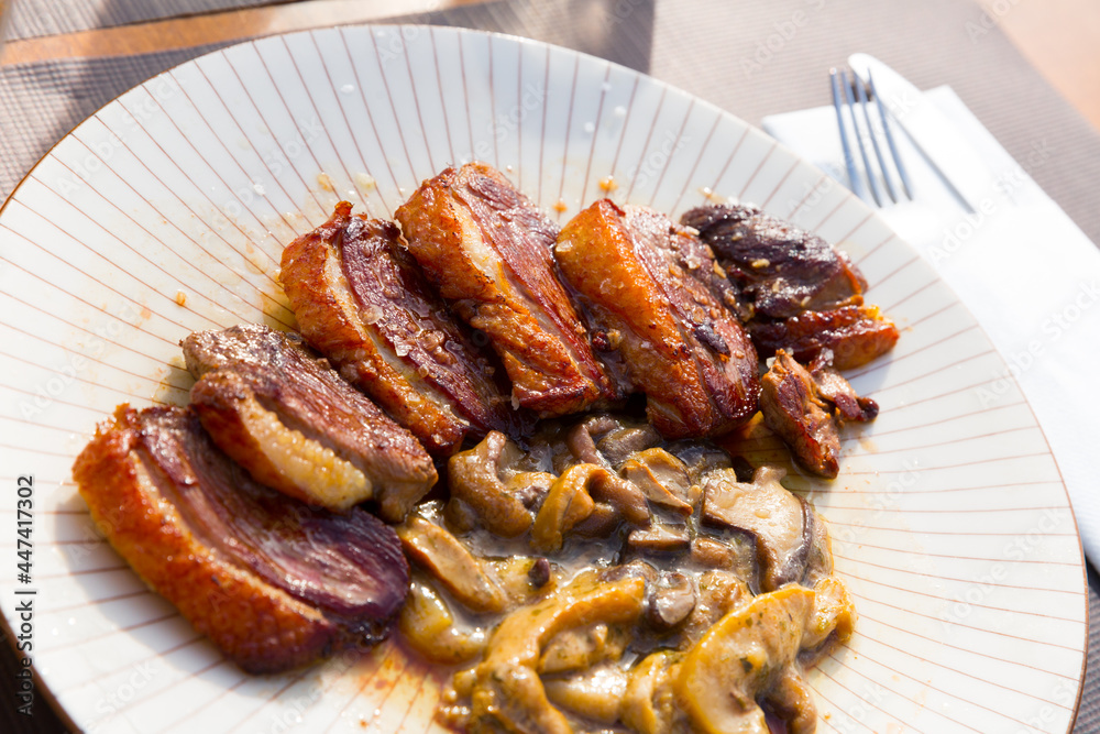 Slices of duck magret with mushrooms. High quality photo