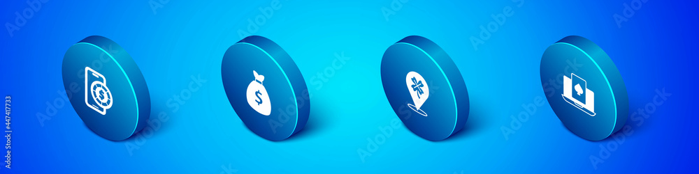 Set Isometric Online poker table game, Casino slot machine with clover, and Money bag icon. Vector Set Isometric Online poker table game, Casino slot machine with clover, and Money bag icon. Vector