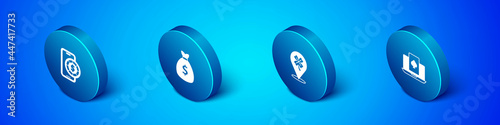 Set Isometric Online poker table game, Casino slot machine with clover, and Money bag icon. Vector