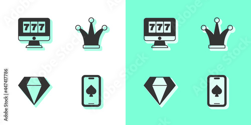 Set Online poker table game, slot machine with jackpot, Diamond and Joker playing card icon. Vector