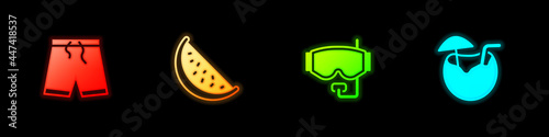 Set Swimming trunks, Watermelon, Diving mask and Coconut cocktail icon. Vector