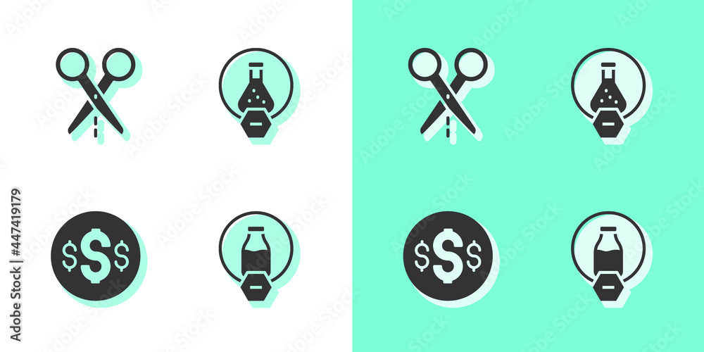 Set Lactose free, Scissors with cut line, Dollar symbol and Test tube and flask icon. Vector Set Lactose free, Scissors with cut line, Dollar symbol and Test tube and flask icon. Vector