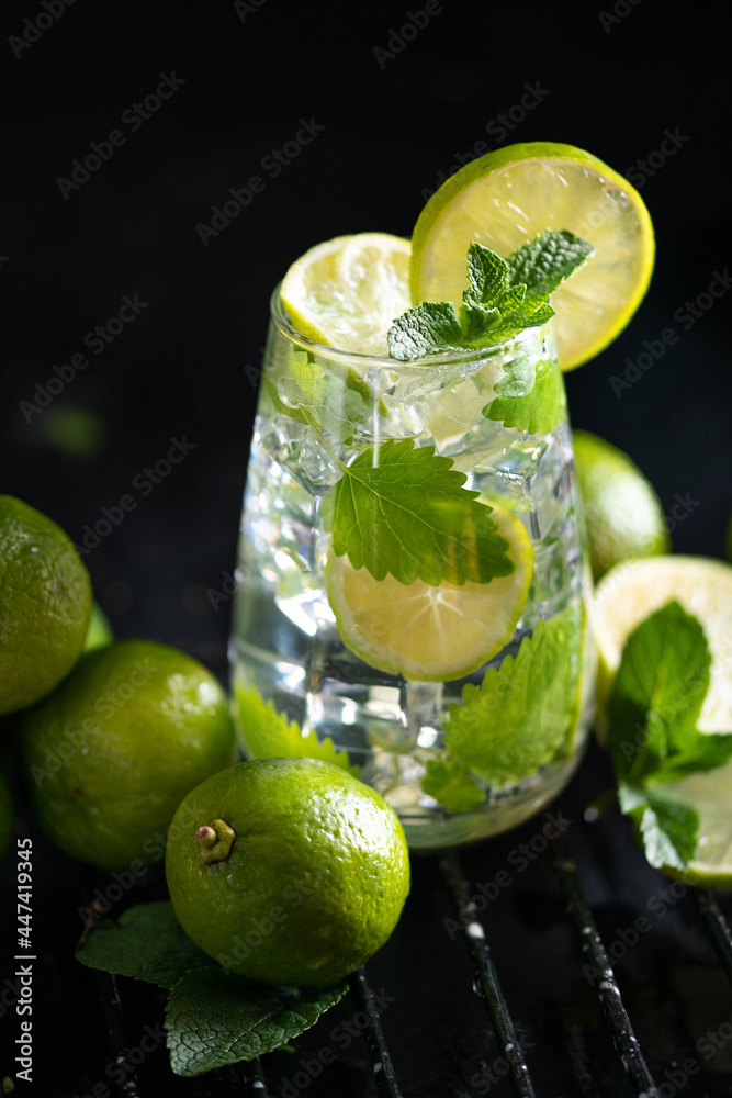 Fototapeta premium Summer cold drink - fresh Mojito cocktail with lime, mint and ice in jar glass.