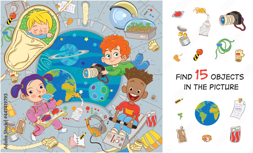 Space adventure. International children's crew on a spaceship in a state of zero gravity eat, sleep, take pictures, exercise. Find 15 objects in the picture. Hidden objects puzzle 